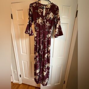 Floral Long Sleeve Romper with Train - Burgundy and Cream